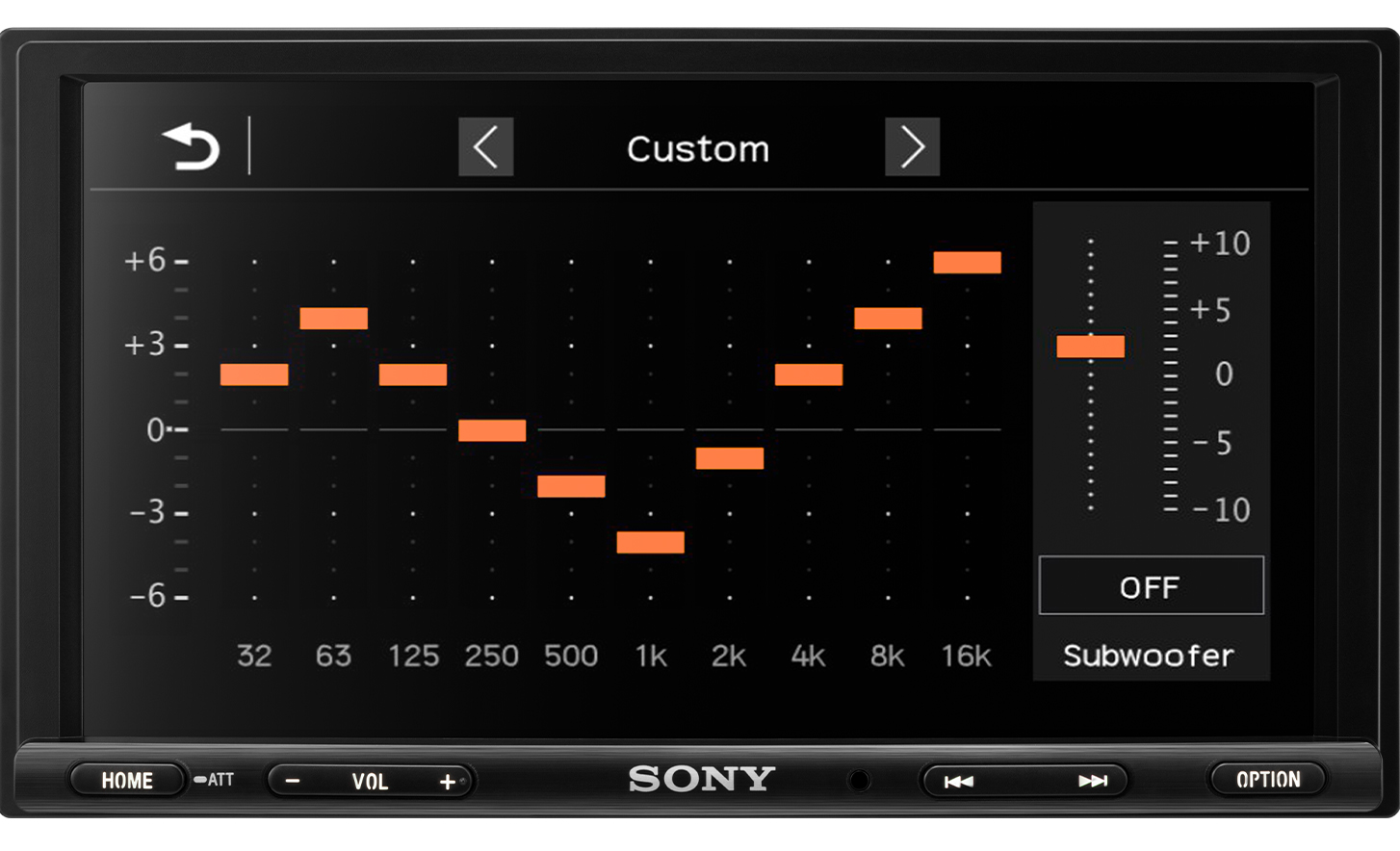 Vista frontal del receptor multimedia digital XAV-1600 con el ecualizador en la pantalla.